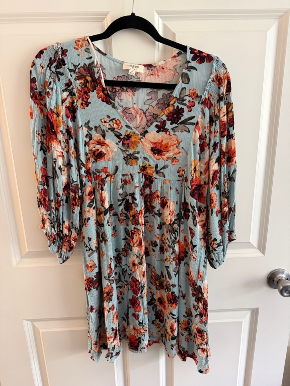 Umgee Light Blue Floral V-Neck Babydoll Dress